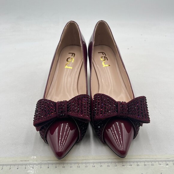 FSJ Dark Grayish Purple Pointed Toe Crystal Rhinestone Bow Block Low Heel Pump - Picture 3 of 8